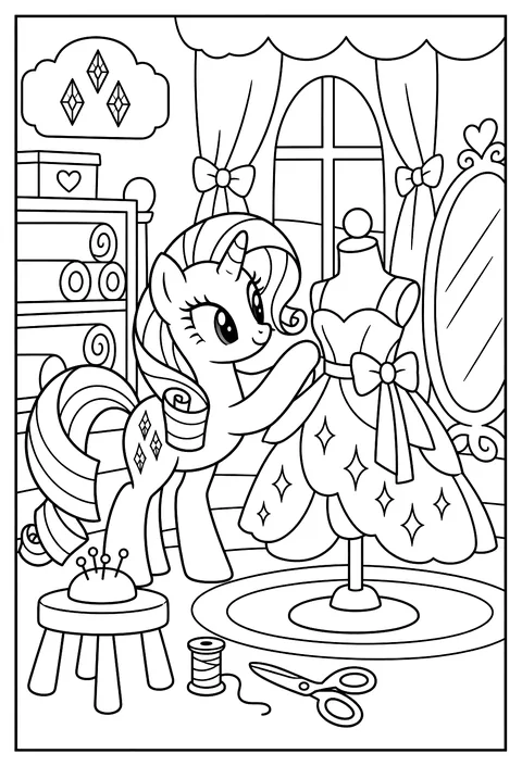 Rarity sewing a sparkly dress on a mannequin in her Carousel Boutique coloring page
