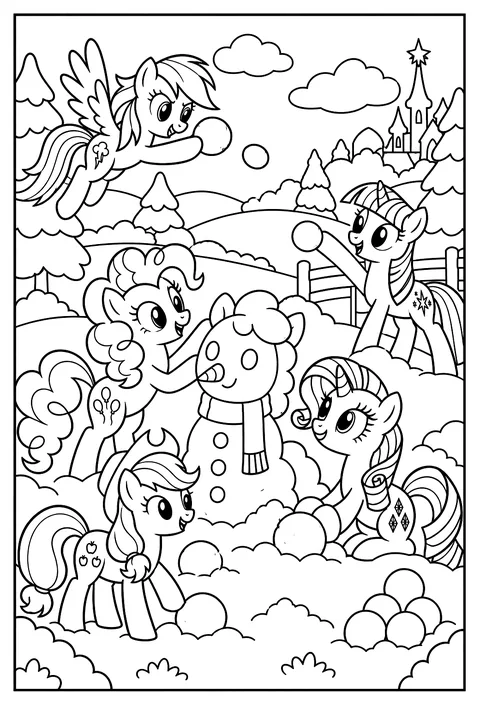 The ponies building a snow pony and having a snowball fight coloring page