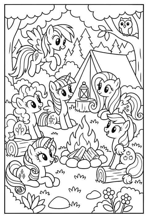 The ponies camping in the Everfree Forest with a tent and a campfire coloring page