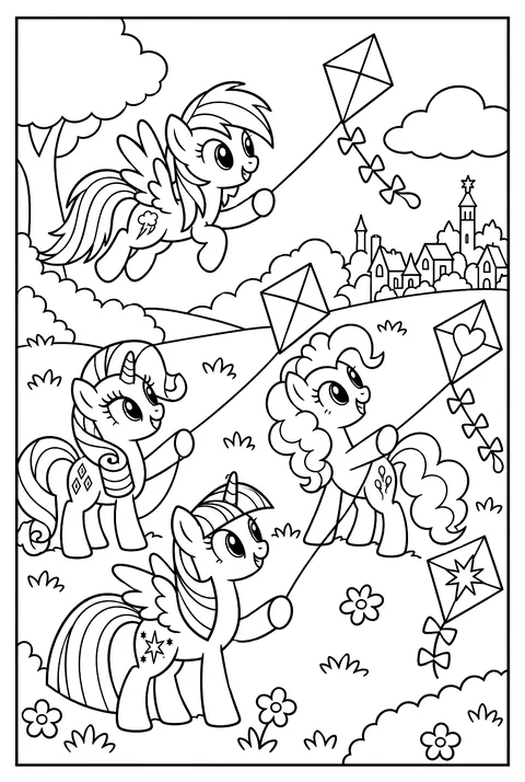 The ponies flying kites in a windy meadow near Ponyville coloring page