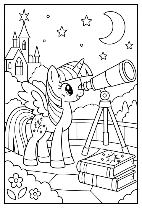 Twilight Sparkle studying star charts through a telescope at night coloring page