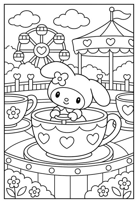 My Melody in a tea cup ride at an amusement park coloring page