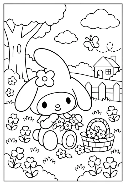 My Melody making a flower crown sitting in clover coloring page