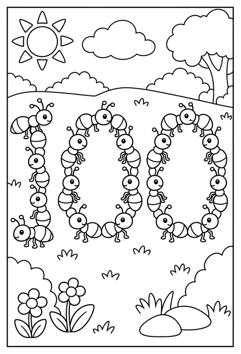 A number 100 made of tiny ants coloring page