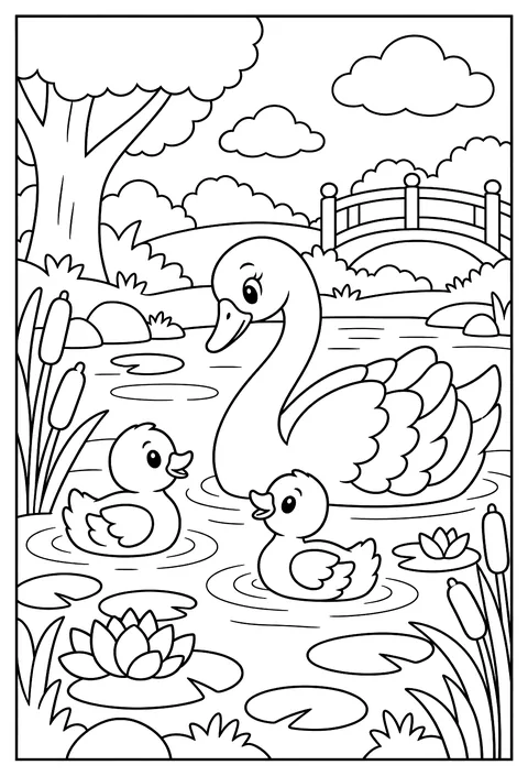 Number 2 as a swan with two ducklings coloring page