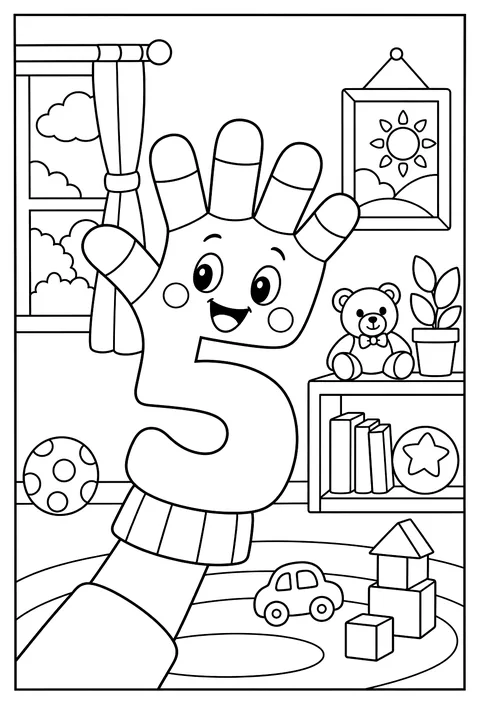 Number 5 as a hand puppet with five fingers waving coloring page