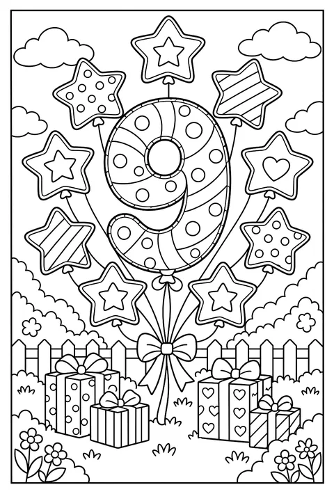 Number 9 as a balloon with nine stars coloring page
