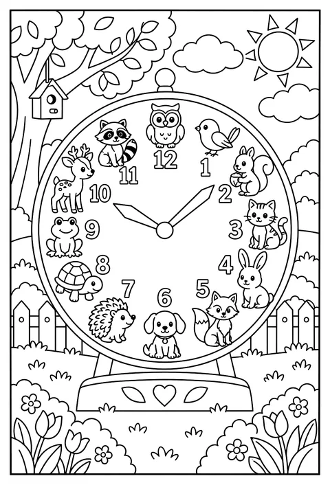 A number clock with animals at each hour coloring page