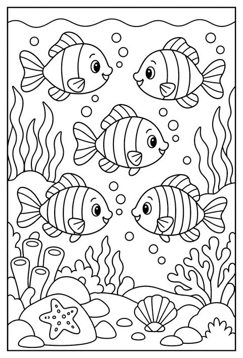 Count-and-color: five fish with 1 to 5 stripes coloring page