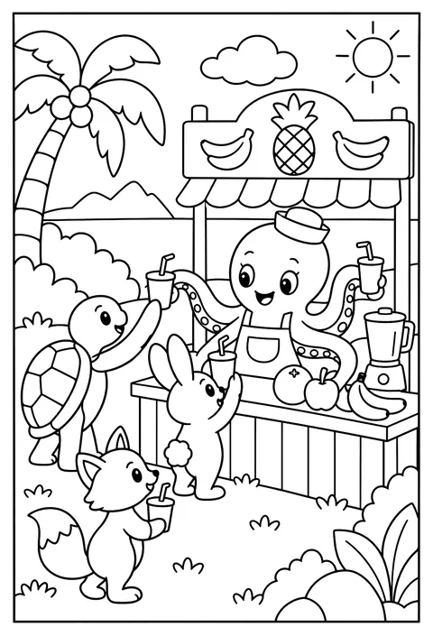 An octopus running a juice bar, one arm per customer coloring page
