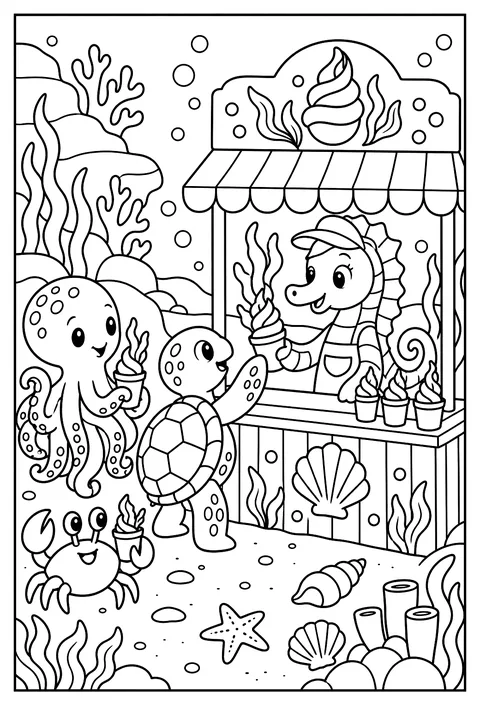 A seahorse ice-cream stand serving seaweed swirl coloring page