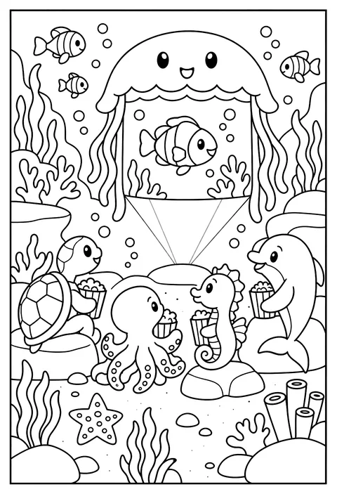 An underwater movie night with a jellyfish screen coloring page