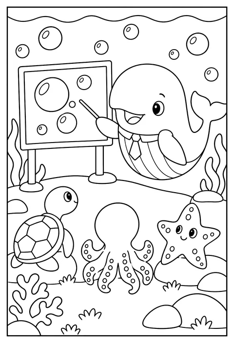 A whale teacher with a lesson on bubbles coloring page