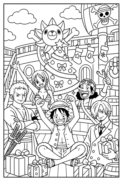 Christmas on the Thousand Sunny with a decorated tree on deck and hanging stockings coloring page