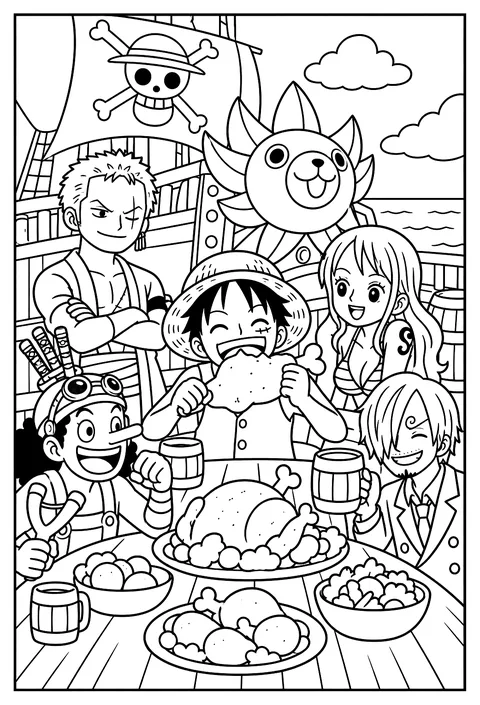 Luffy eating a giant roasted turkey leg at a wooden feast table coloring page