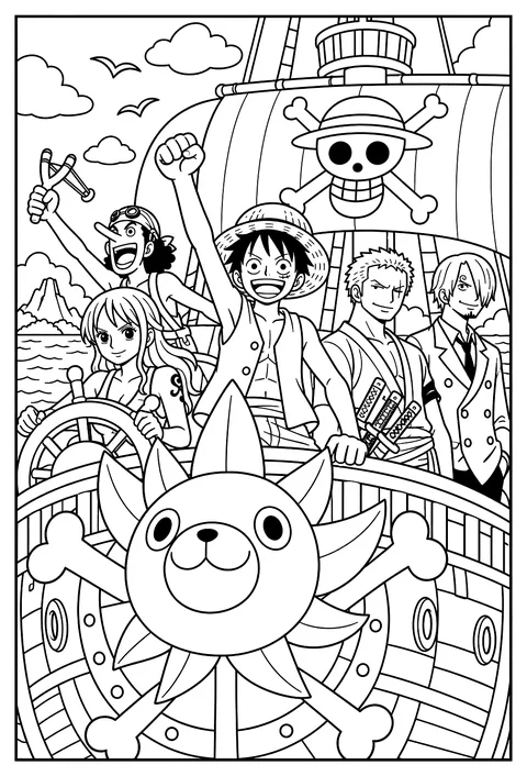 Nami steering the ship's wheel with a determined expression coloring page