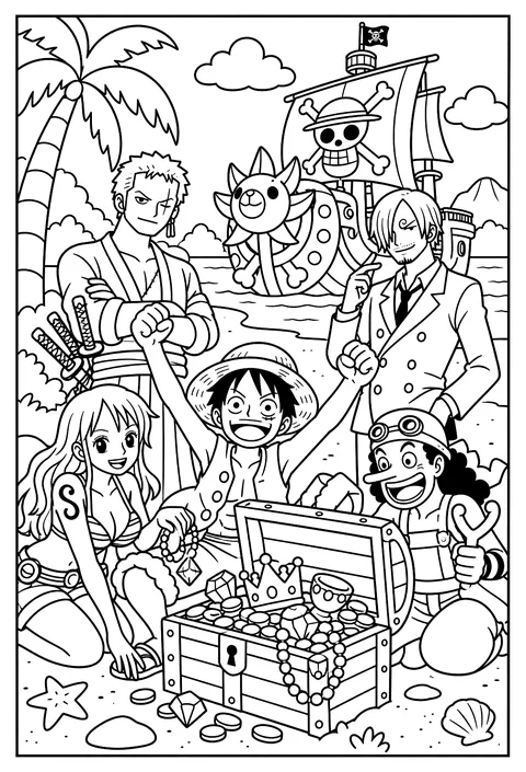An open treasure chest overflowing with gold coins and jewels on a sandy beach coloring page