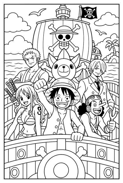 A pattern page of straw hats, treasure maps, swords and Jolly Roger flags coloring page