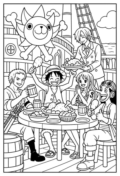 Sanji serving a plate of food to the crew seated around a table coloring page
