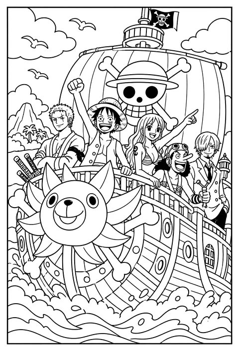 The Thousand Sunny ship sailing over ocean waves with its lion figurehead coloring page