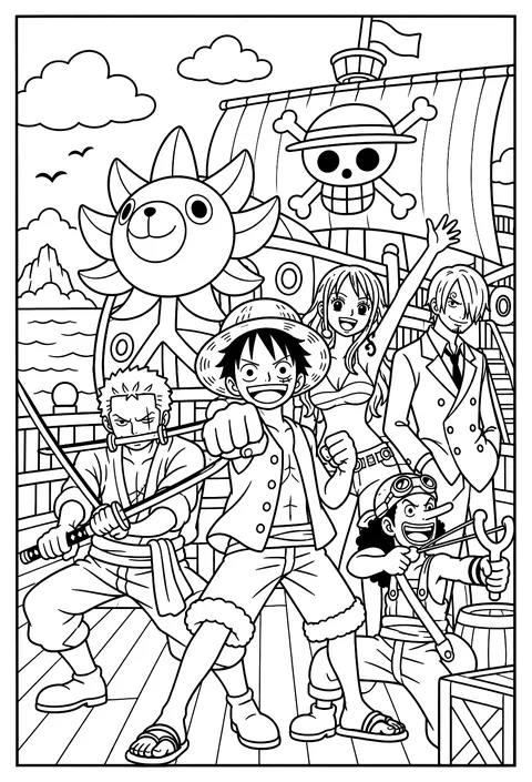 Zoro practicing sword forms holding one blade in each hand and one in his mouth coloring page