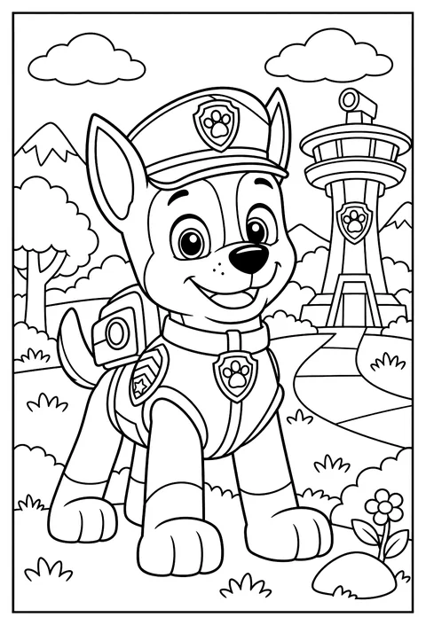 A close-up portrait of Chase wearing his police cap and badge coloring page