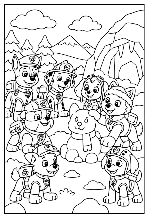 Everest building a snow-pup sculpture next to her ice cave coloring page