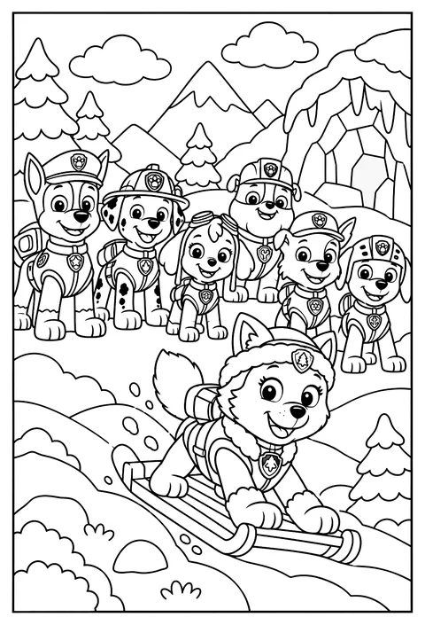Everest sledding down a snowy mountain near her ice cave coloring page