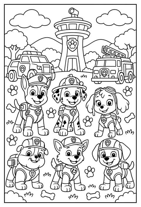 A pattern page of paw prints, badges, bones and rescue vehicles coloring page