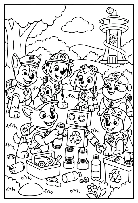 Rocky building a little robot out of recycled cans and bottles coloring page