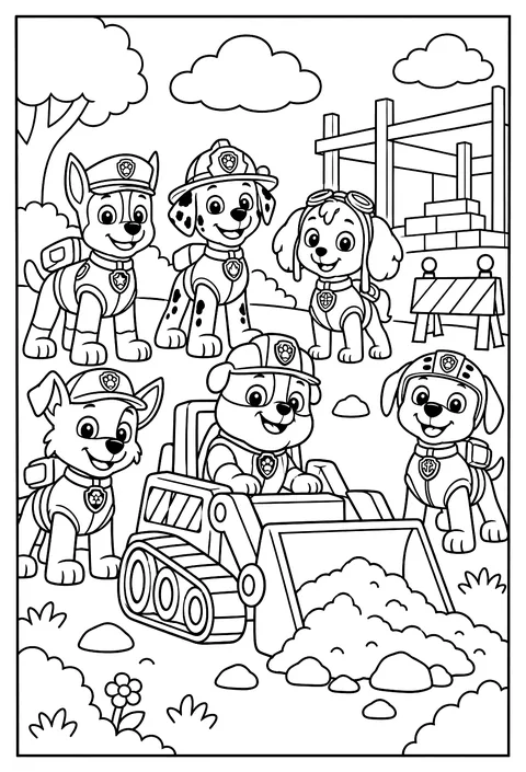 Rubble digging with his bulldozer at a construction site coloring page