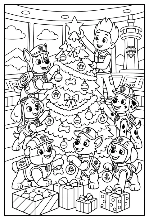 Ryder and the pups decorating a Christmas tree at the Lookout with ornaments coloring page