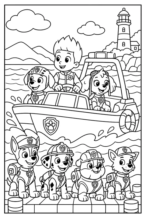 Ryder steering a rescue boat with Zuma and Skye aboard among gentle waves coloring page