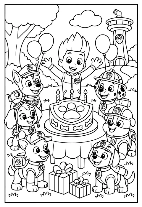 The pups celebrating Ryder's birthday with a cake shaped like the PAW Patrol badge coloring page