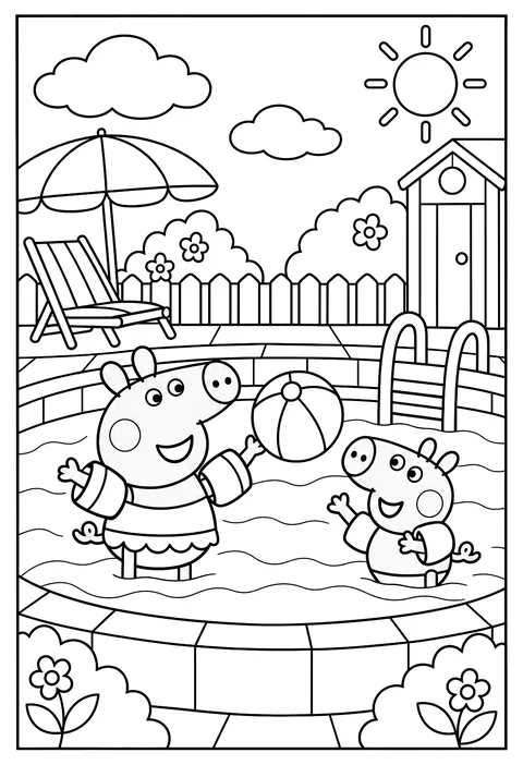 Peppa Pig at the swimming pool with armbands and a beach ball coloring page