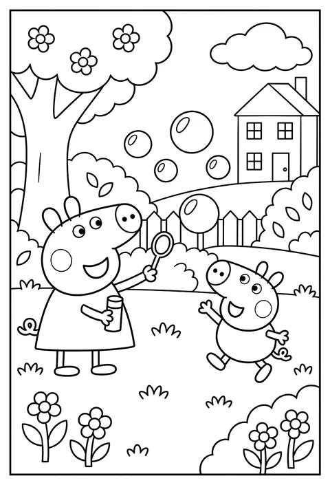 Peppa Pig blowing bubbles in the garden with George chasing them coloring page