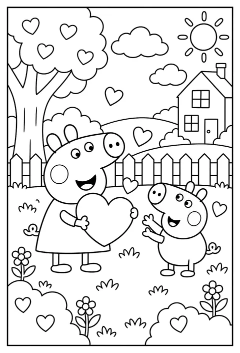 Peppa Pig holding a big heart for Valentine's Day surrounded by small hearts coloring page
