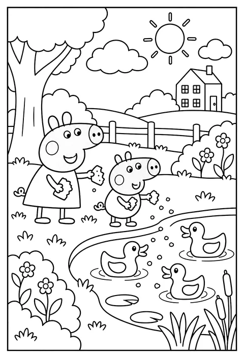 Peppa and George feeding ducks at the pond with crumbs of bread coloring page