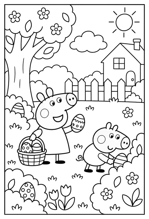 Peppa and George hunting for painted eggs in the garden at Easter coloring page