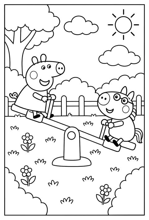Peppa and Pedro Pony playing on the seesaw at the playground coloring page