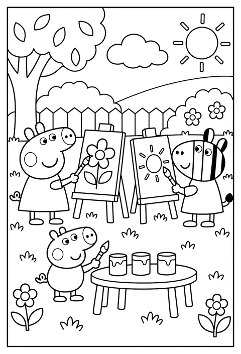 Peppa and Zoe Zebra painting pictures at easels in the garden coloring page