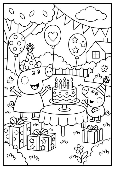 Peppa's birthday party with balloons, party hats and a candled cake coloring page