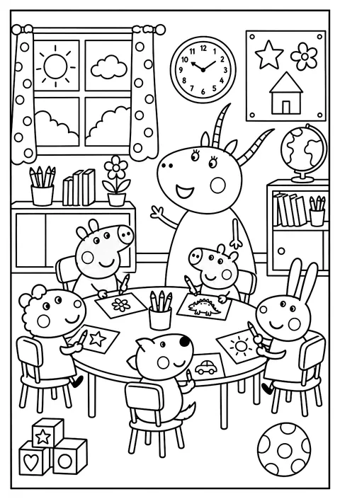 Peppa's classroom at playgroup with Madame Gazelle and her friends at their desks coloring page