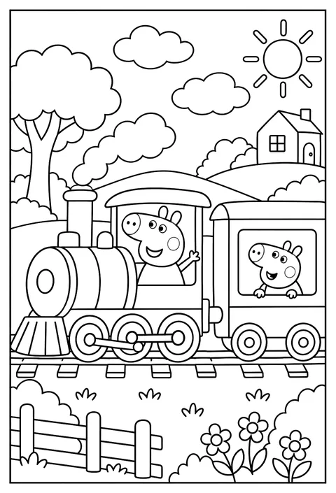 Peppa Pig riding on a train with George looking out the window coloring page