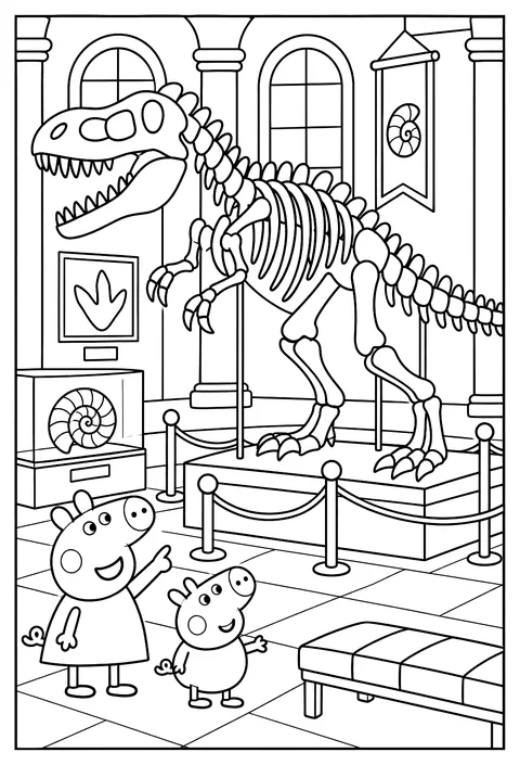 Peppa Pig visiting the museum, pointing up at a big dinosaur skeleton with George coloring page