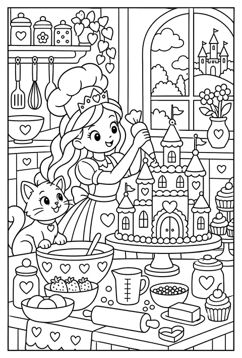 A princess chef in a giant kitchen making a cake shaped like her castle coloring page