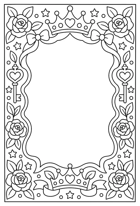 A page-border pattern of crowns, roses, keys and stars with an empty frame in the middle coloring page