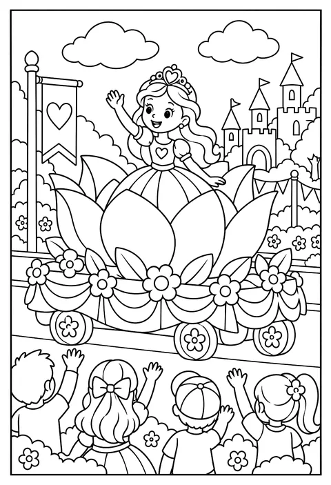 A princess parade float shaped like a giant flower, waving to the crowd coloring page