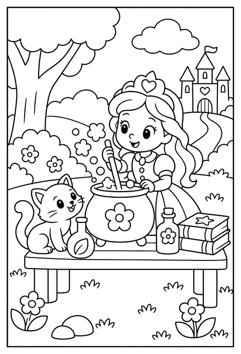 A princess scientist mixing potions that bubble into flower shapes coloring page