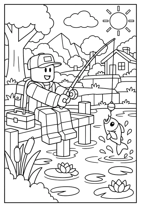 A Roblox avatar fishing with a rod at the edge of a blocky pond coloring page
